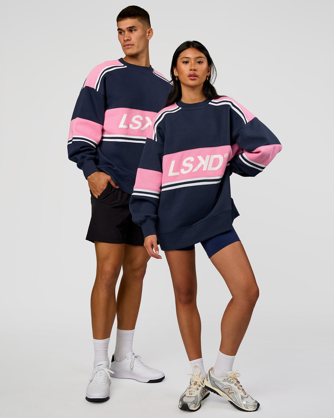 Duo wearing A-Team Sweater Oversize - Future Navy-Candy Pink | Model:Both | Size:Duo - view 1