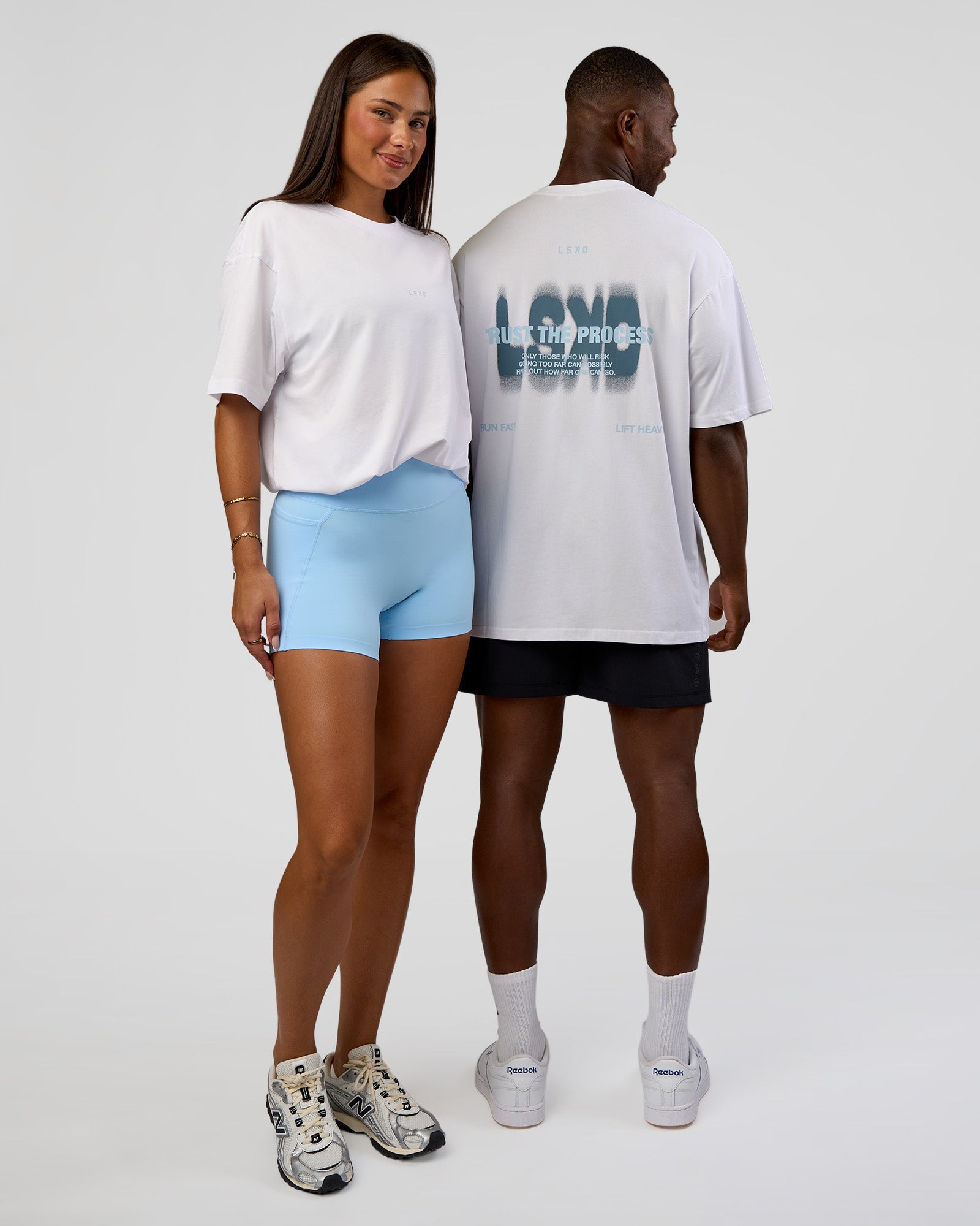 Duo wearing Abstract Haze FLXCotton Tee - White-Blue Aura | Model:Both | Size:Duo