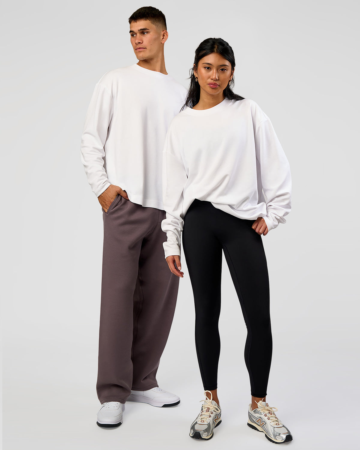 Duo wearing AfterDark ZeroCrease Long Sleeve Tee - White | Model:Both | Size:Duo