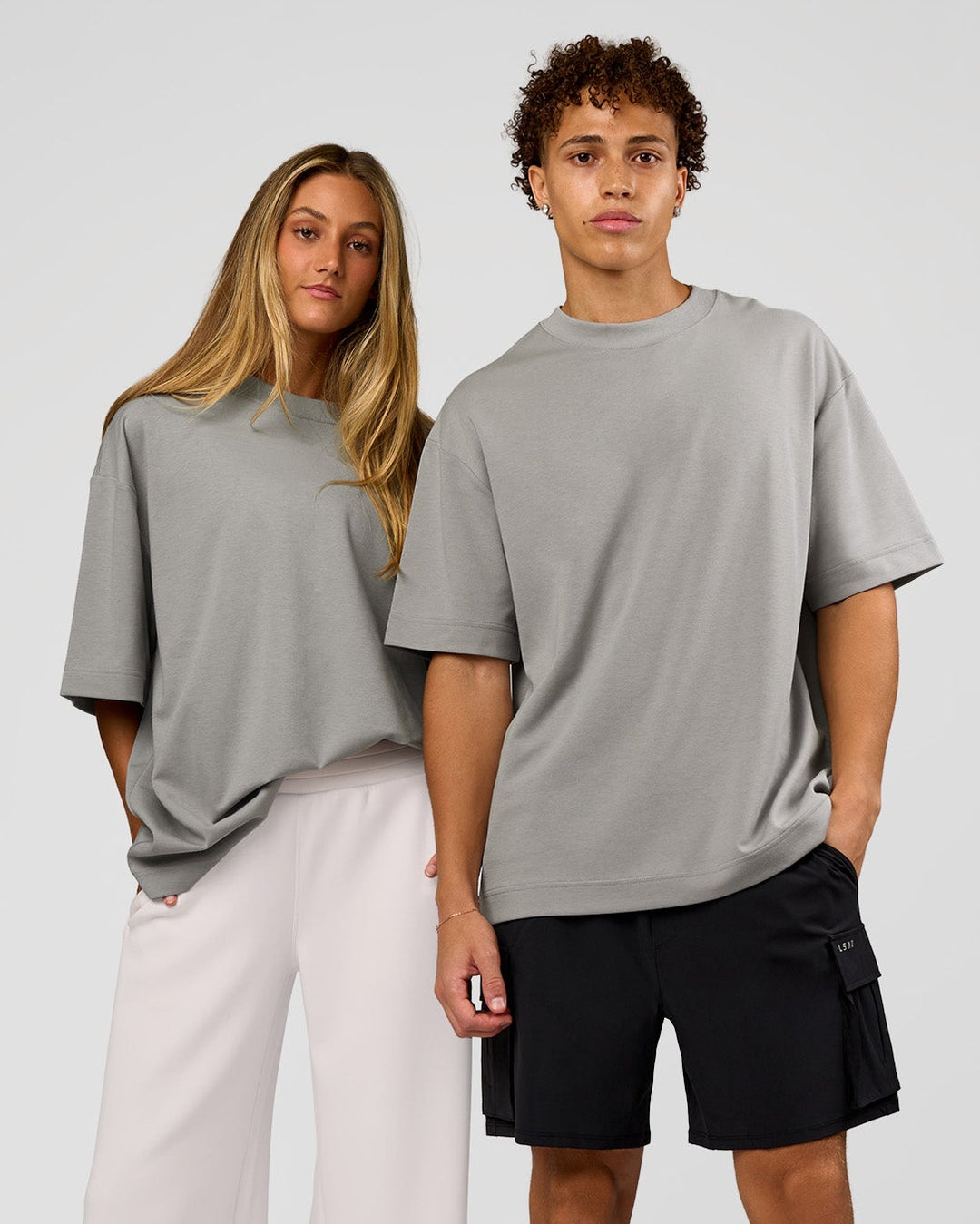 Duo wearing AfterDark ZeroCrease Oversized Tee - Alloy | Model:Both | Size:Duo - view 1