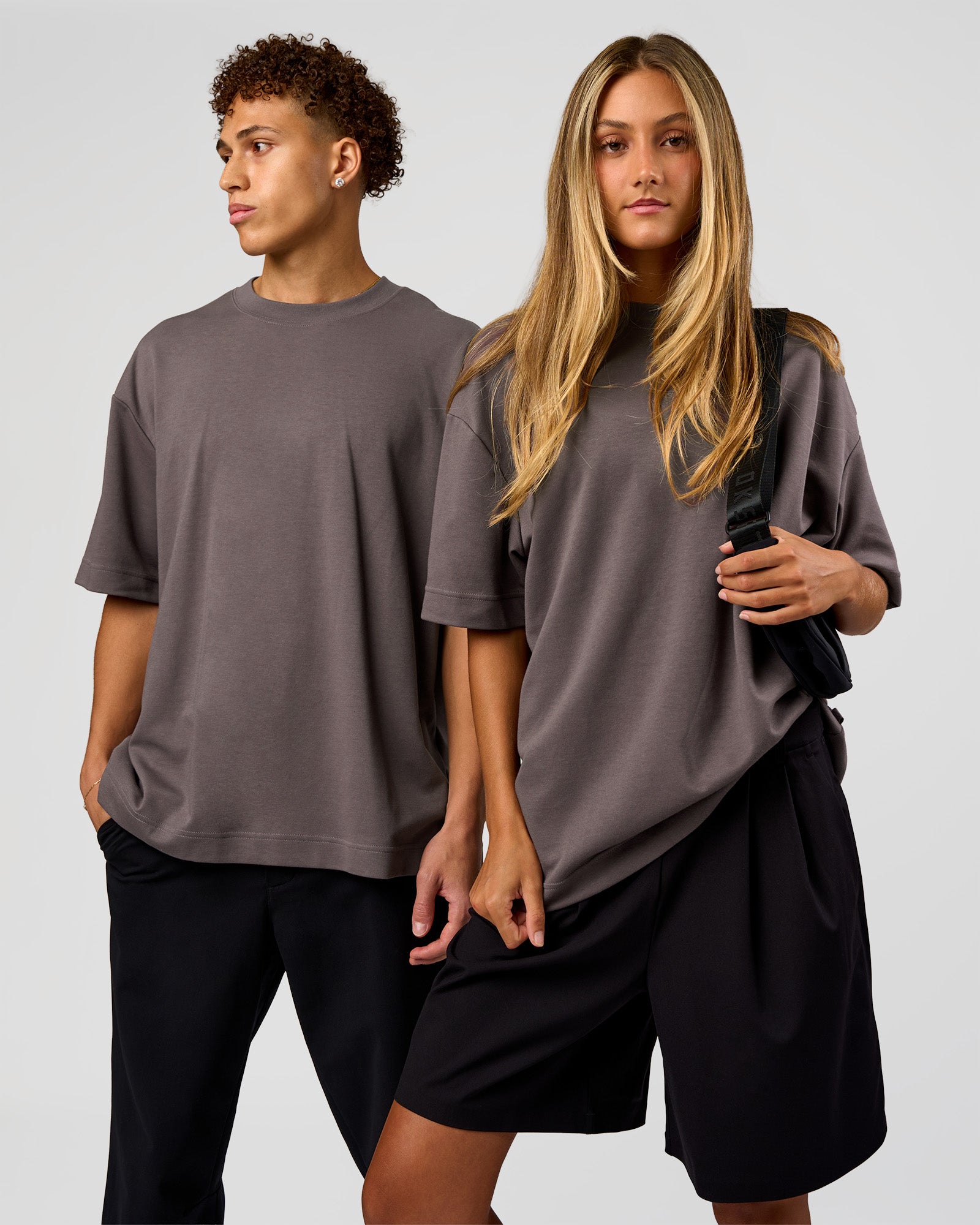 Duo wearing AfterDark ZeroCrease Oversized Tee - Duskstone | Model:Both | Size:Duo