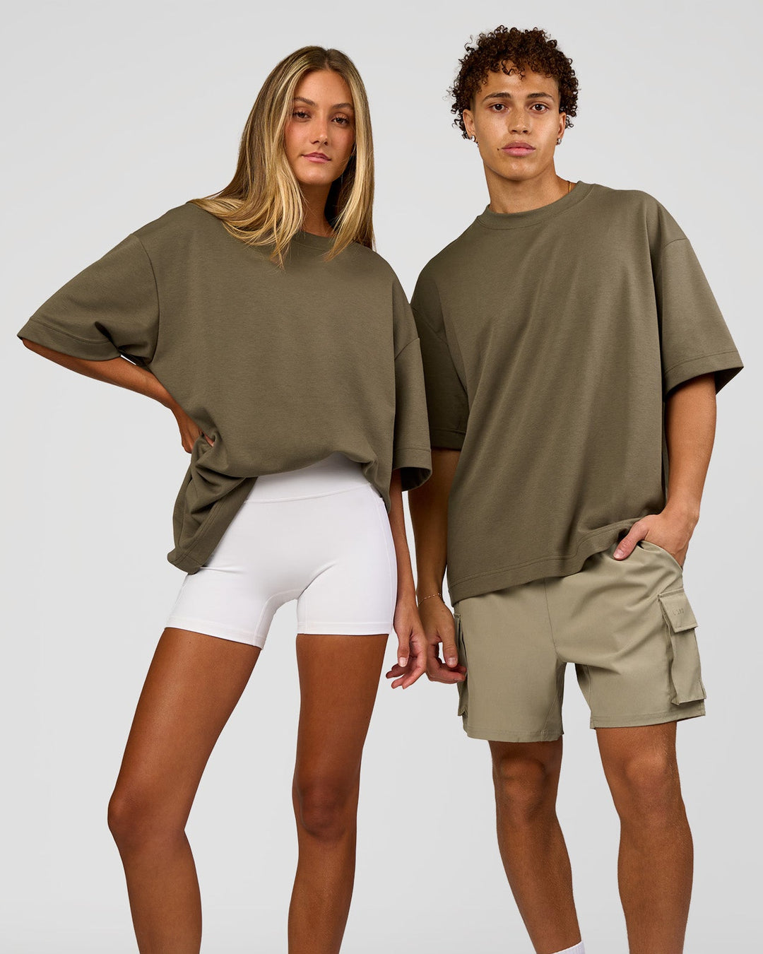 Duo wearing AfterDark ZeroCrease Oversized Tee - Walnut Grey | Model:Both | Size:Duo - view 1