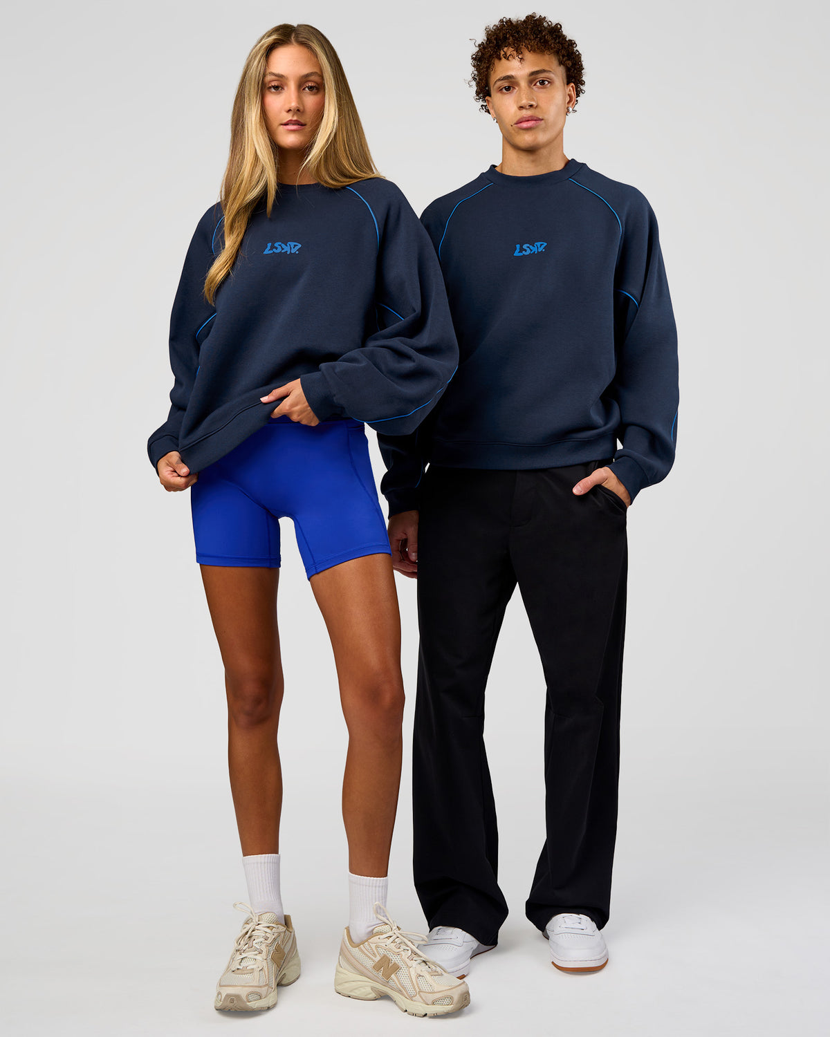 Duo wearing Axis Boxy Crew Sweater - Future Navy-Palace Blue | Model:Both | Size:Duo