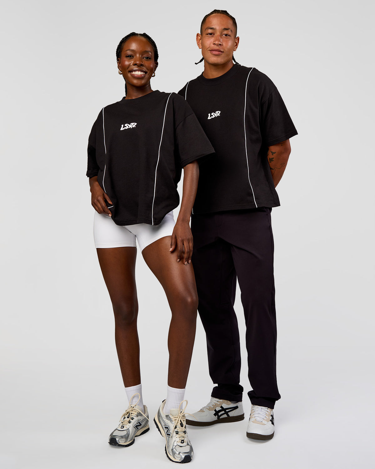 Duo wearing Axis Heavyweight Oversized Boxed Tee - Black-White | Model:Both | Size:Duo