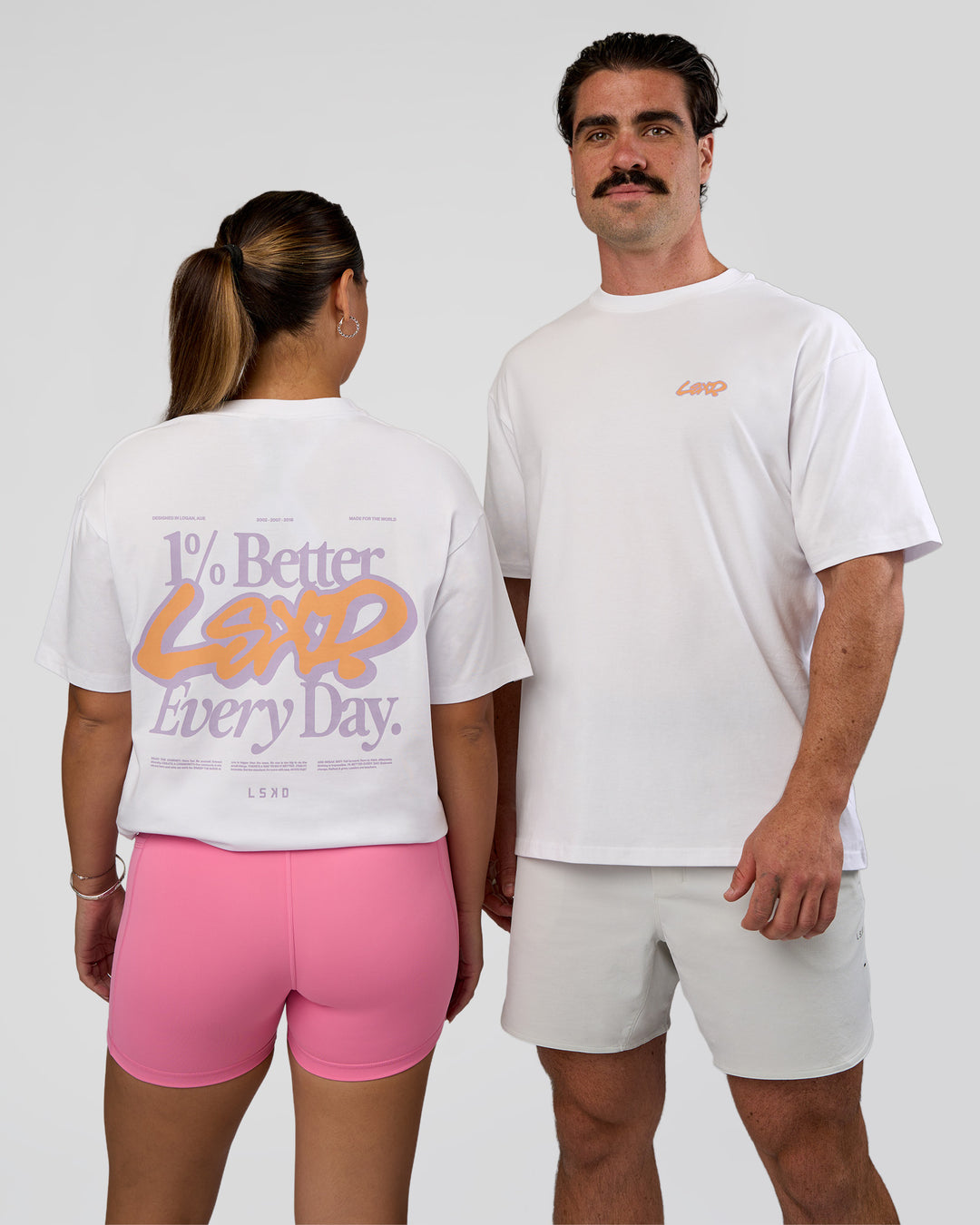 Duo wearing Break Through FLXCotton Oversized Tee - White-Pale Lilac | Model:Both | Size:Duo - view 1