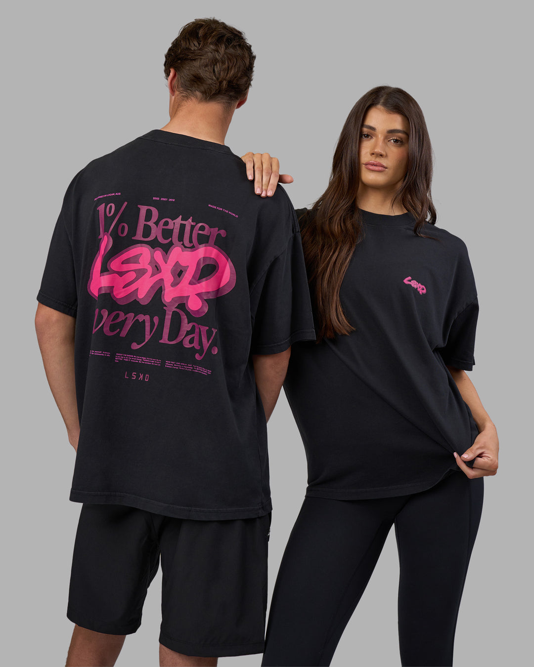 Duo wearing Break Through Heavyweight Oversized Tee - Black Washed-Plum Caspia | Model:Both | Size:Duo - view 1