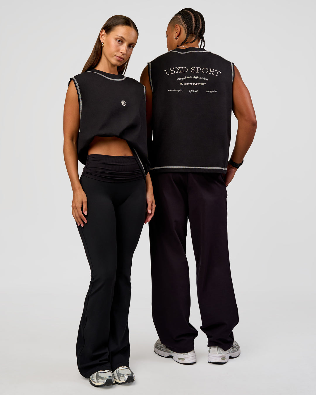 Duo wearing CF Unisex Oversized Heavyweight Boxed Tank - Black-CF X LSKD Sport | Model:Brylee | Size:XS | Model:Malebo | Size:M - view 1