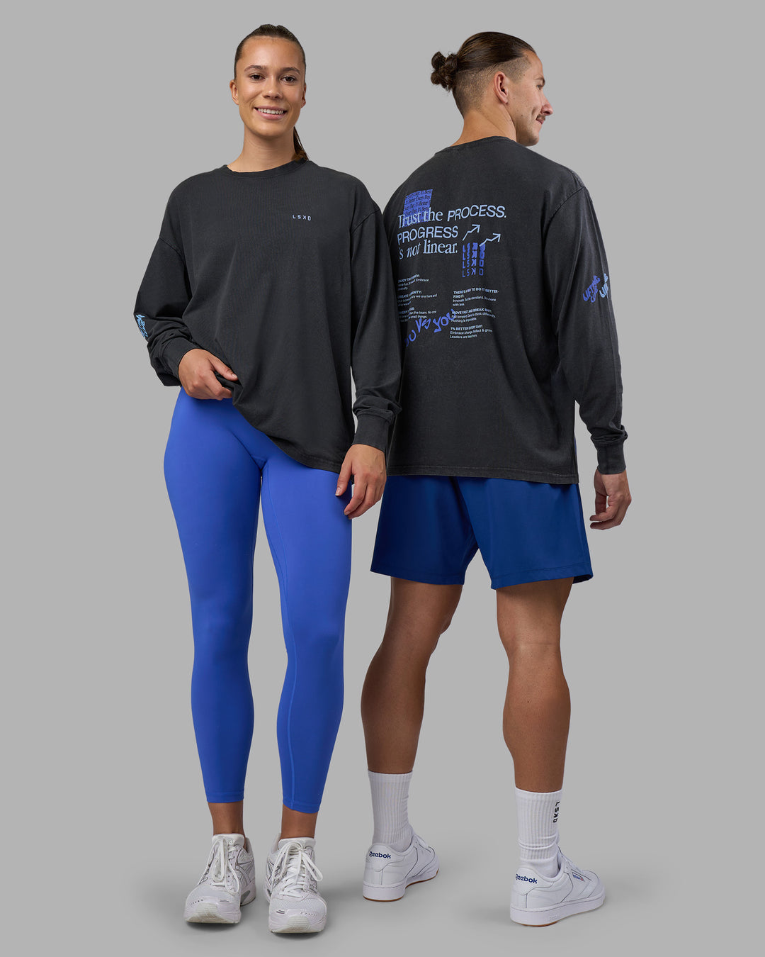Duo wearing Cali FLXCotton Oversized Long Sleeve Tee - Black Washed | Model:Both | Size:Duo - view 1