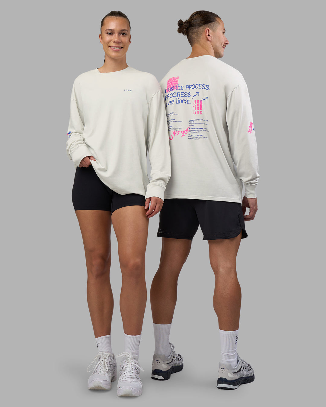 Duo wearing Cali FLXCotton Oversized Long Sleeve Tee - Digital Mist Washed | Model:Both | Size:Duo - view 1