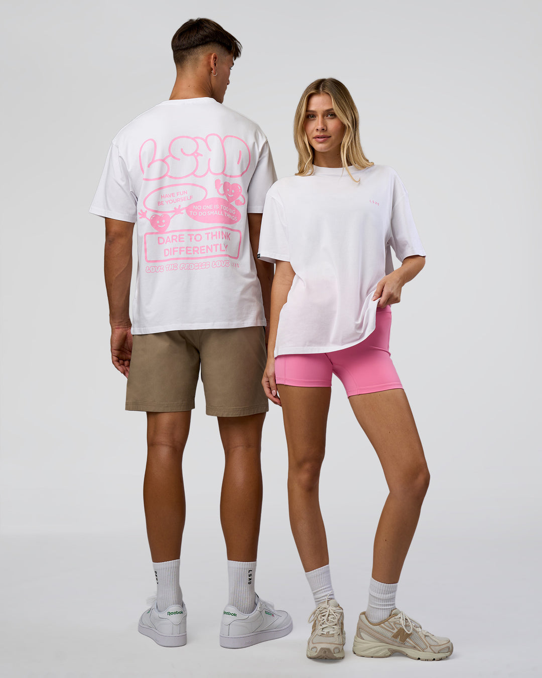 Duo wearing Dare To Think FLXCotton Tee Oversize - White-Candy Pink | Model:Both | Size:Duo - view 1