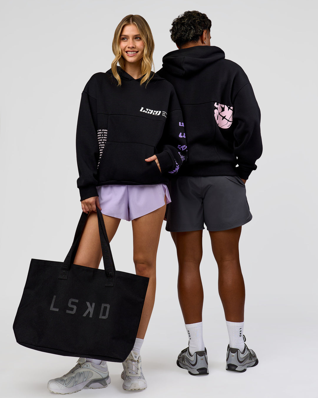 Duo wearing Deconstructed Fleece Hoodie - Caviar-Marshmallow-Pale Lilac | Model:Both | Size:Duo - view 1