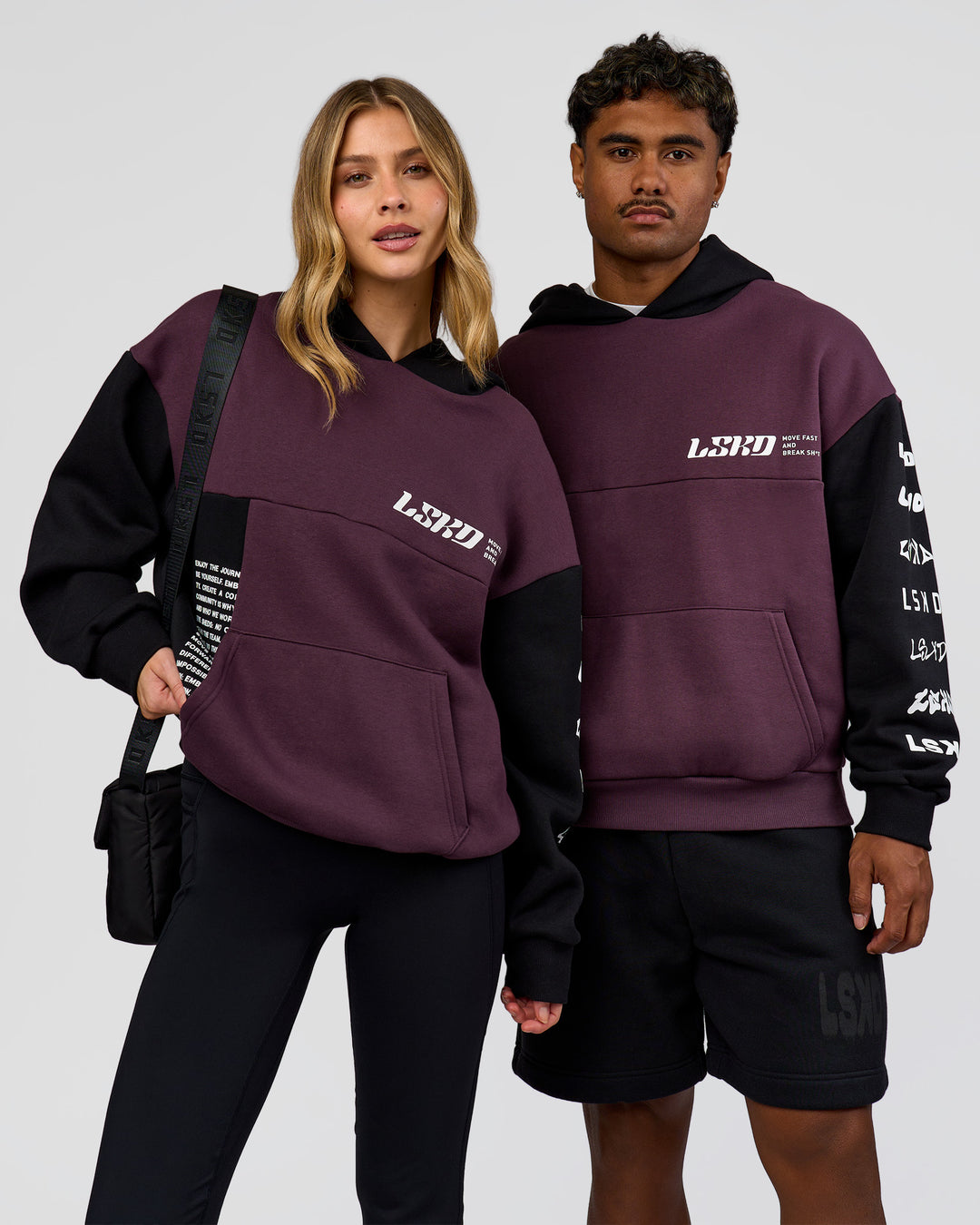 Duo wearing Deconstructed Fleece Hoodie - Caviar-Midnight Plum | Model:Both | Size:Duo - view 1