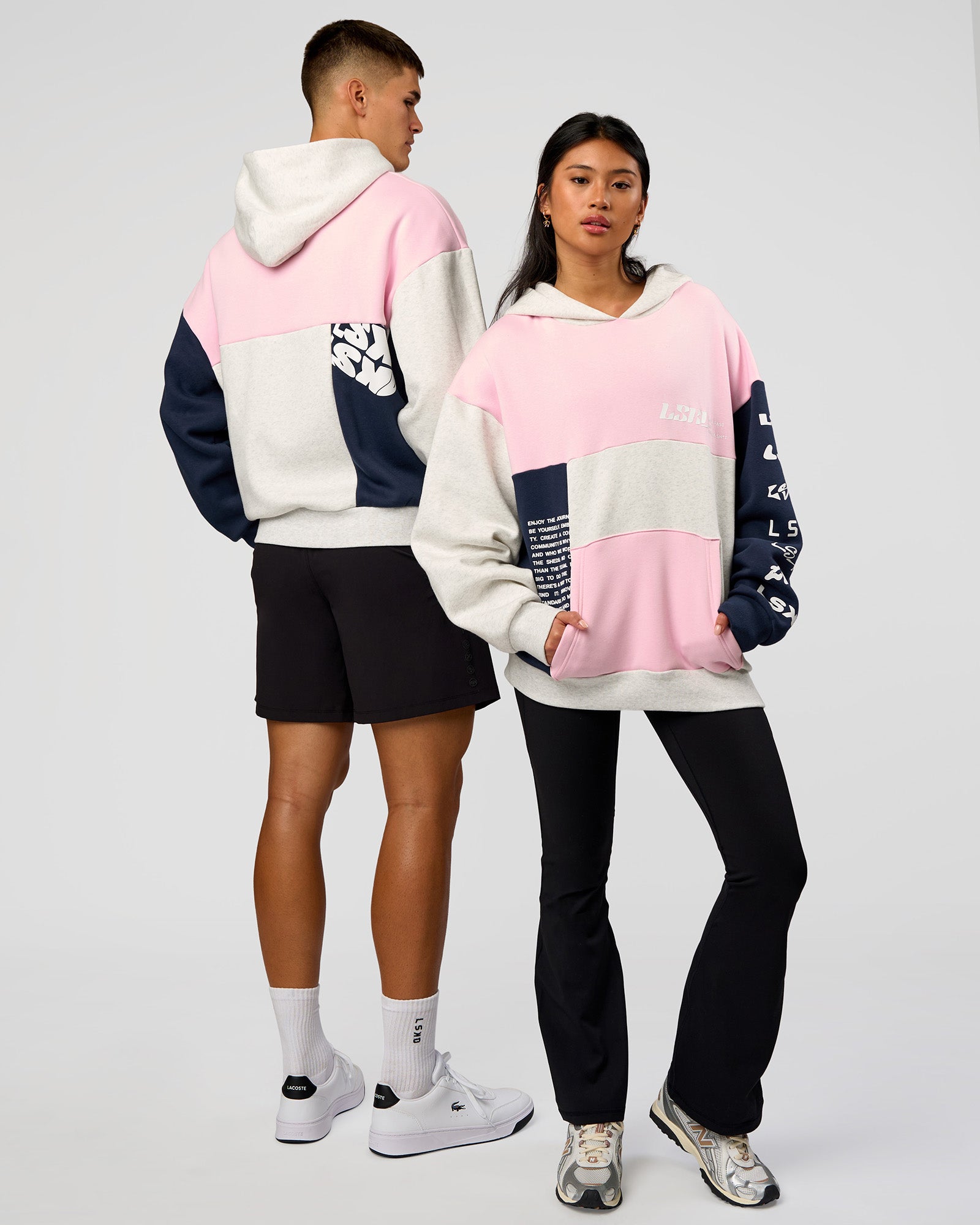 Duo wearing Deconstructed Fleece Hoodie - Grey Marl-Marshmallow-Navy | Model:Both | Size:Duo
