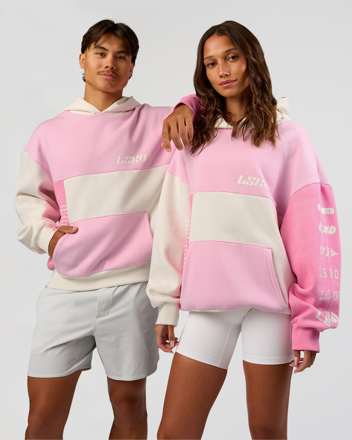 Duo wearing Deconstructed Fleece Hoodie - Off White-Marshmallow-Pink | Model:Both | Size:Duo