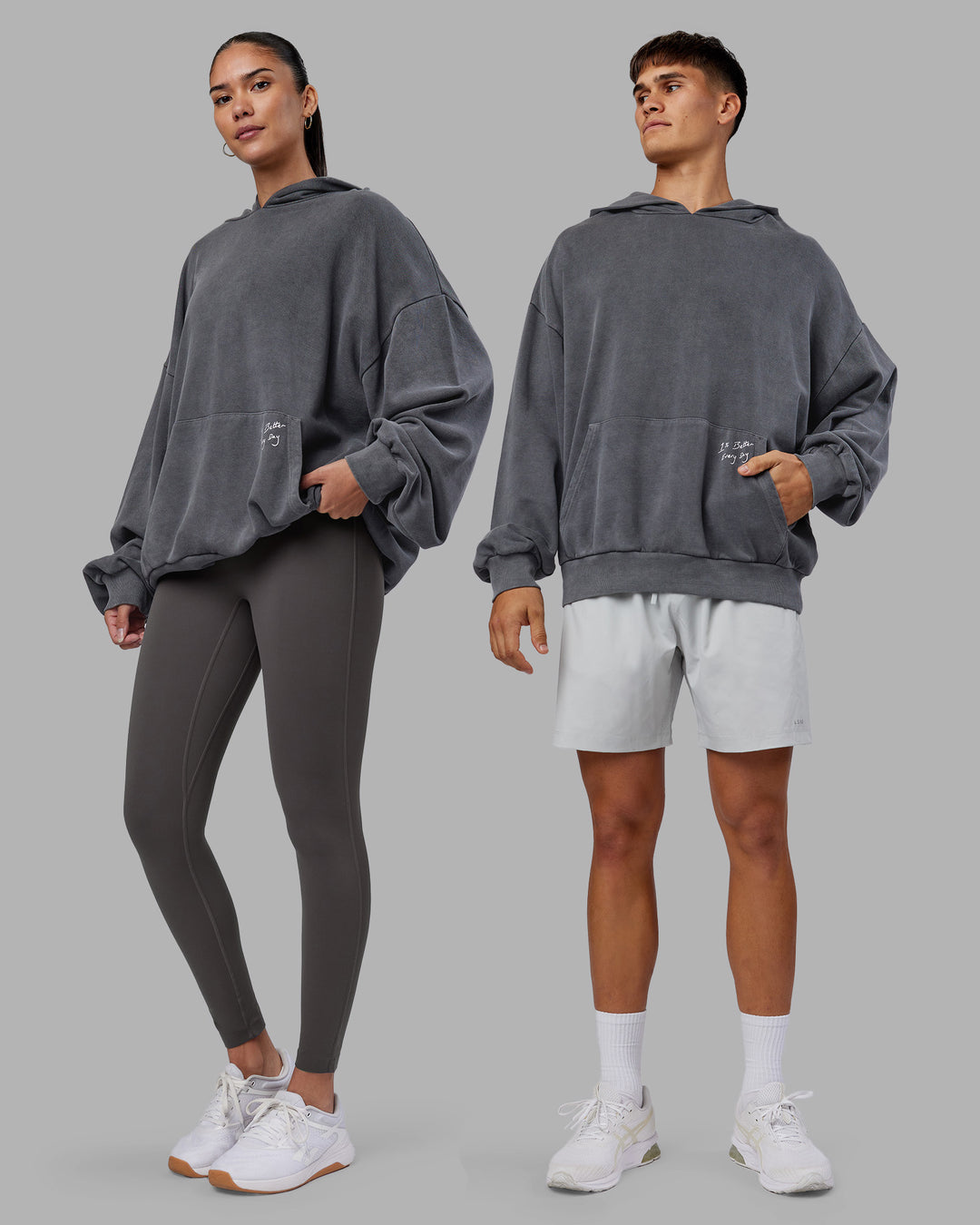 Duo wearing ETJ Values Washed Unisex Oversize Hoodie - Dark Storm-Light Bubblegum | Model:Both | Size:Duo - view 2
