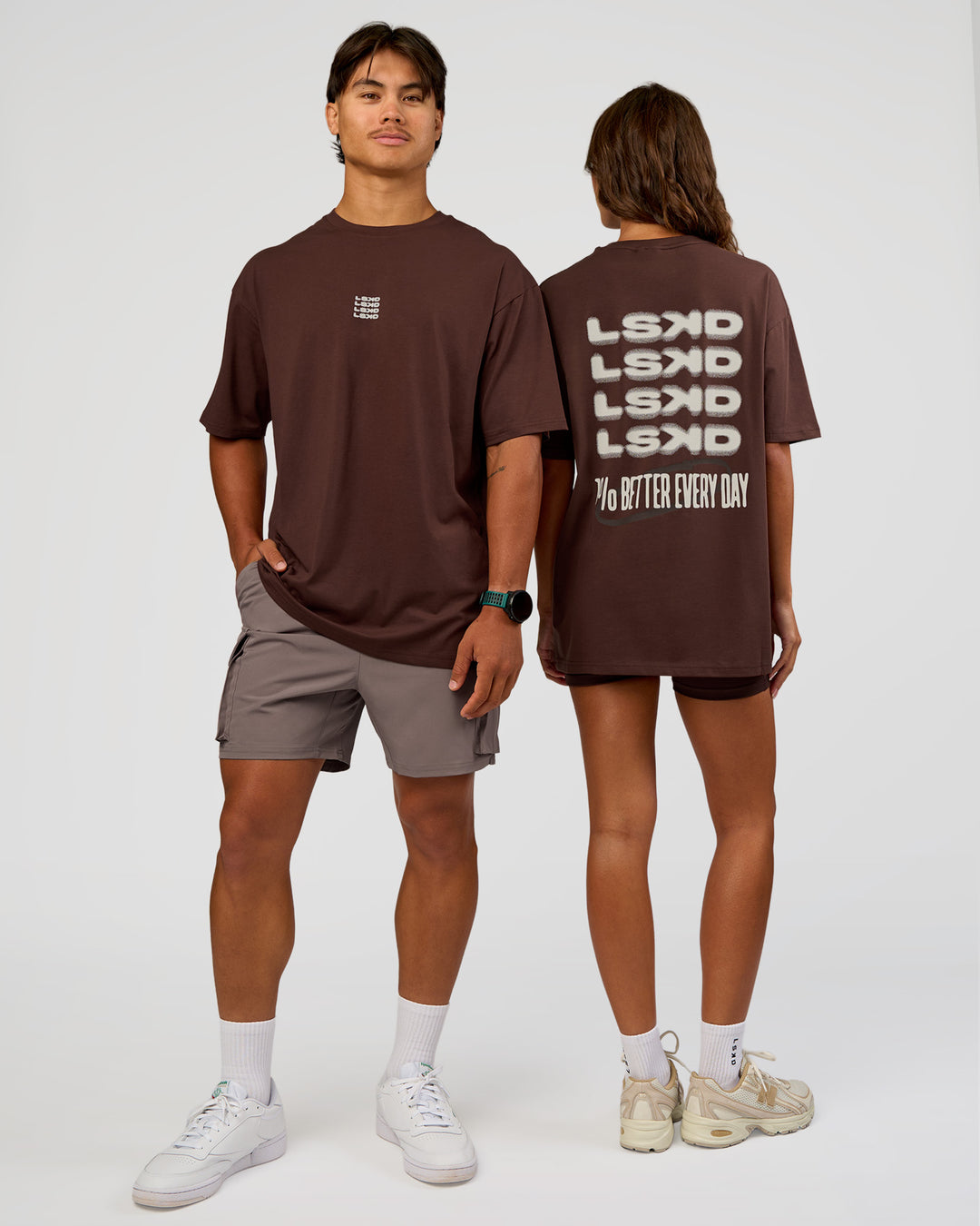 Duo wearing Everyday Elevation FLXCotton Oversized Tee - Hot Chocolate-Off White | Model:Both | Size:Duo - view 1