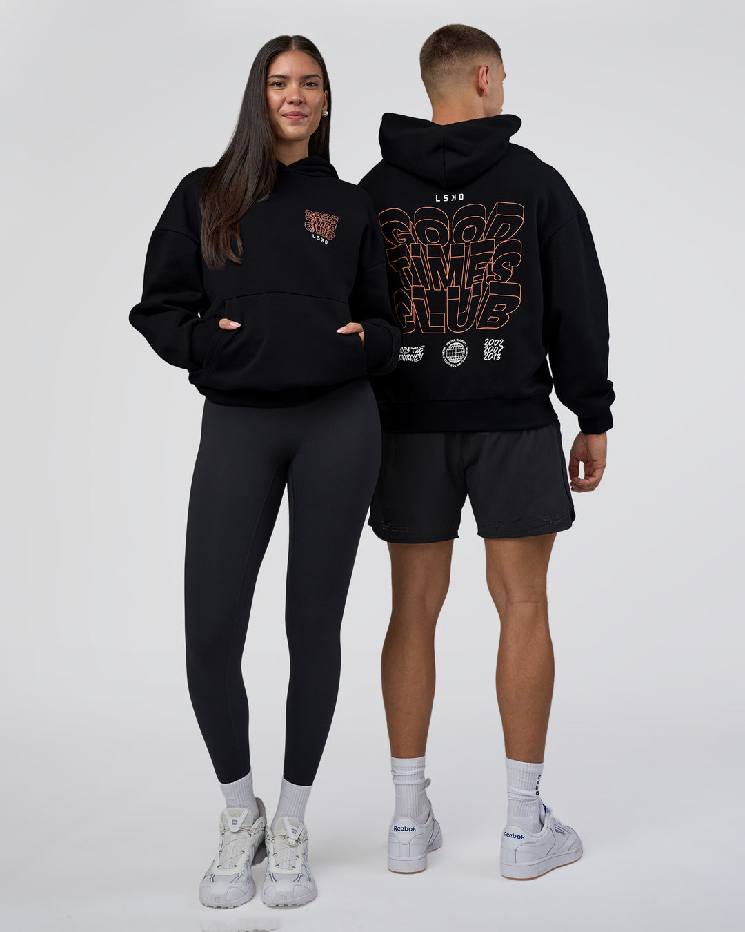 Duo wearing GTC CVC Fleece Unisex Oversized Hoodie - Black-Cantaloupe | Model:Both | Size:Duo - view 1