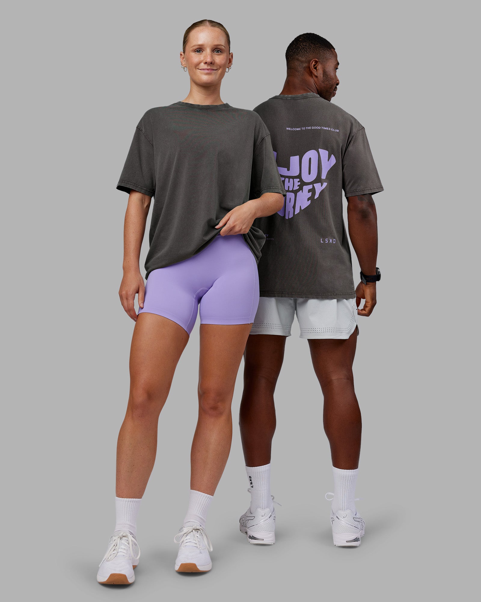 Duo wearing Heart FLXCotton Oversized Tee - Washed Dark Storm-Violet Ray | Model:Both | Size:Duo