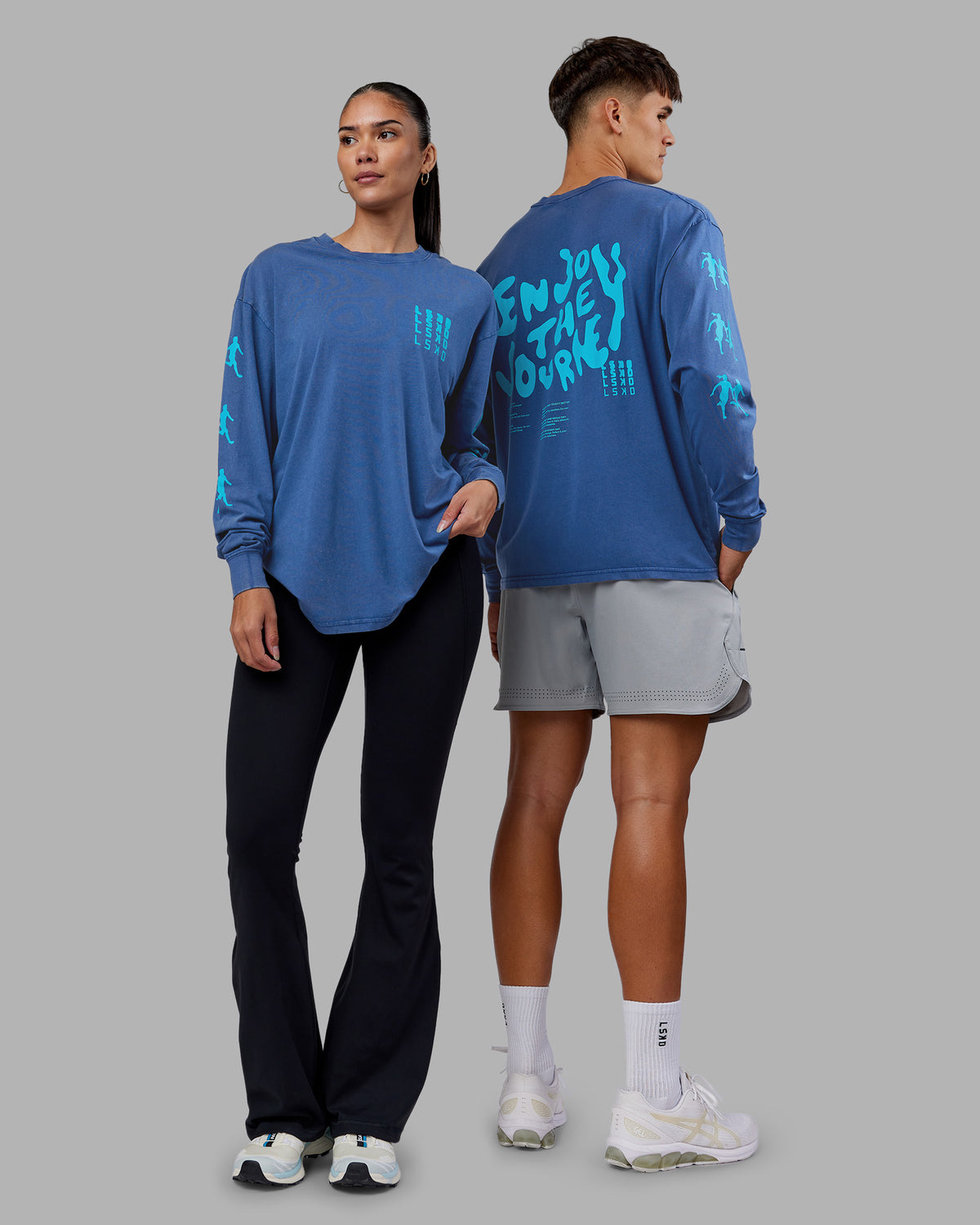 Duo wearing Inferno Journey FLXCotton Oversized Long Sleeve Tee - Midnight Blue-Blue Bird | Model:Both | Size:Duo