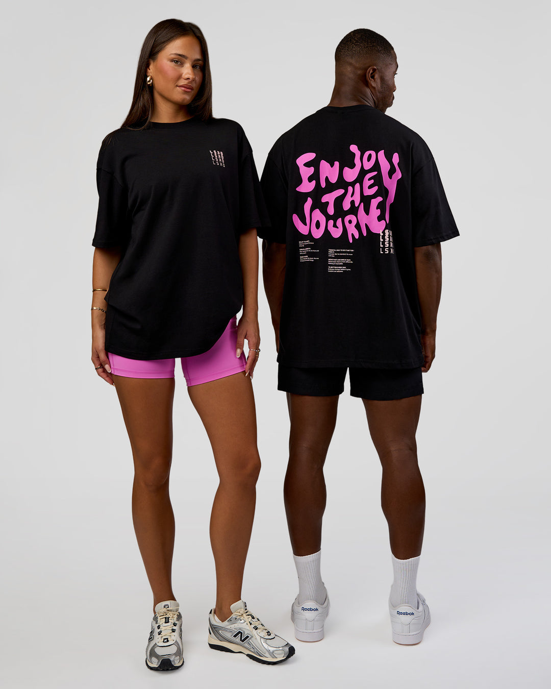 Duo wearing Inferno Journey FLXCotton Oversized Tee - Black-Ultra Fuchsia | Model:Both | Size:Duo - view 1