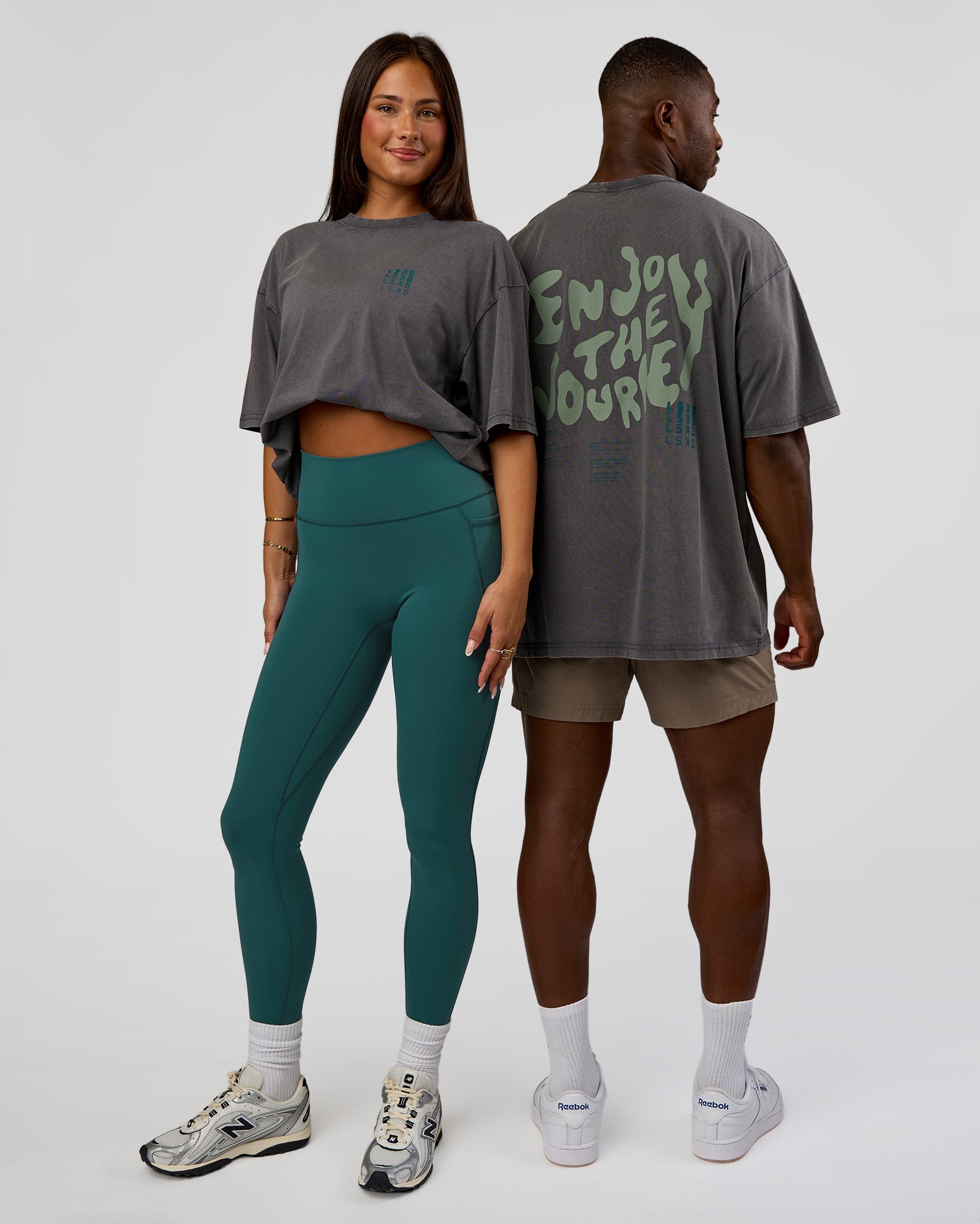Duo wearing Inferno Journey FLXCotton Oversized Tee - Dark Storm Washed-Iceberg Green | Model:Both | Size:Duo
