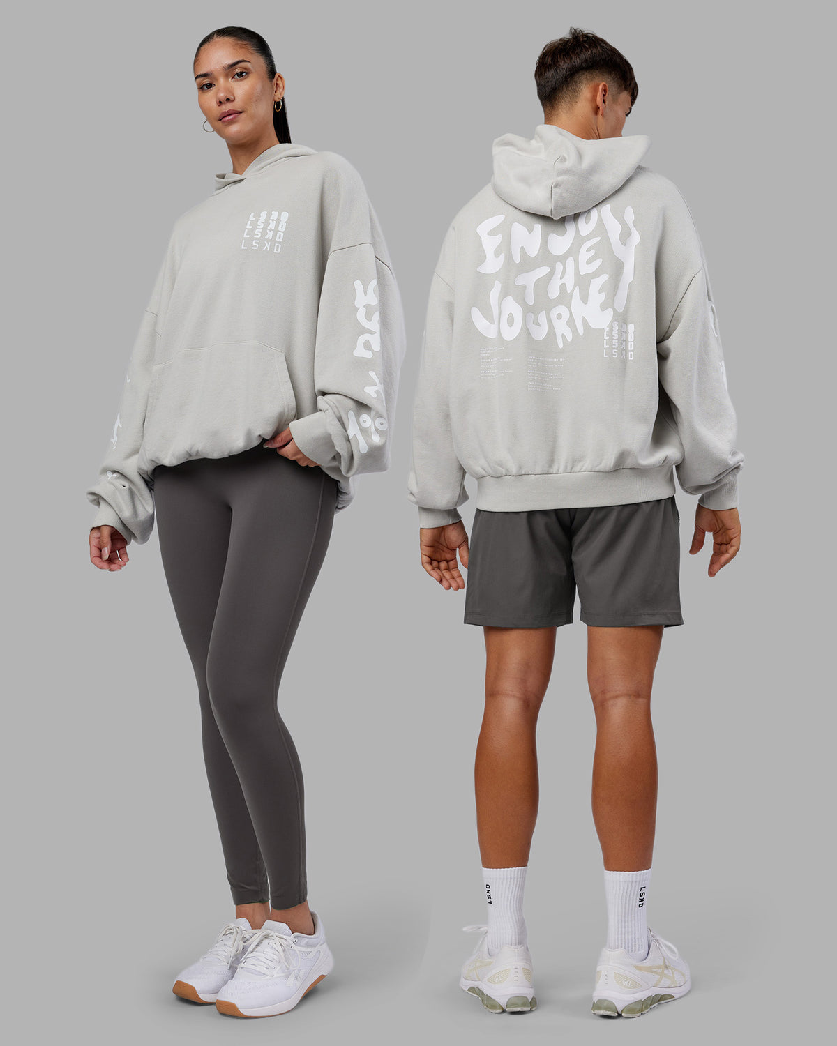 Duo wearing Journey Washed Unisex Oversize Hoodie - Digital Mist-White | Model:Both | Size:Duo