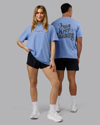 Duo wearing Just Run FLXCotton Oversized Tee - Soft Blue-Dark Storm | Model:Both | Size:Duo | Thumbnail Index: 4