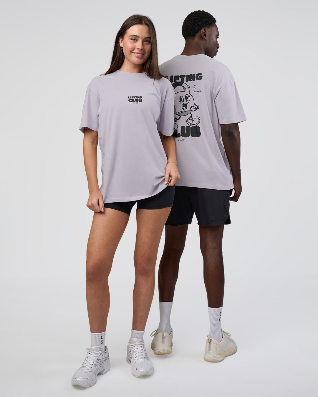 Duo wearing Kettle B FLXCotton Oversized Tee - Galactic Lilac-Black | Model:Both | Size:Duo - view 1