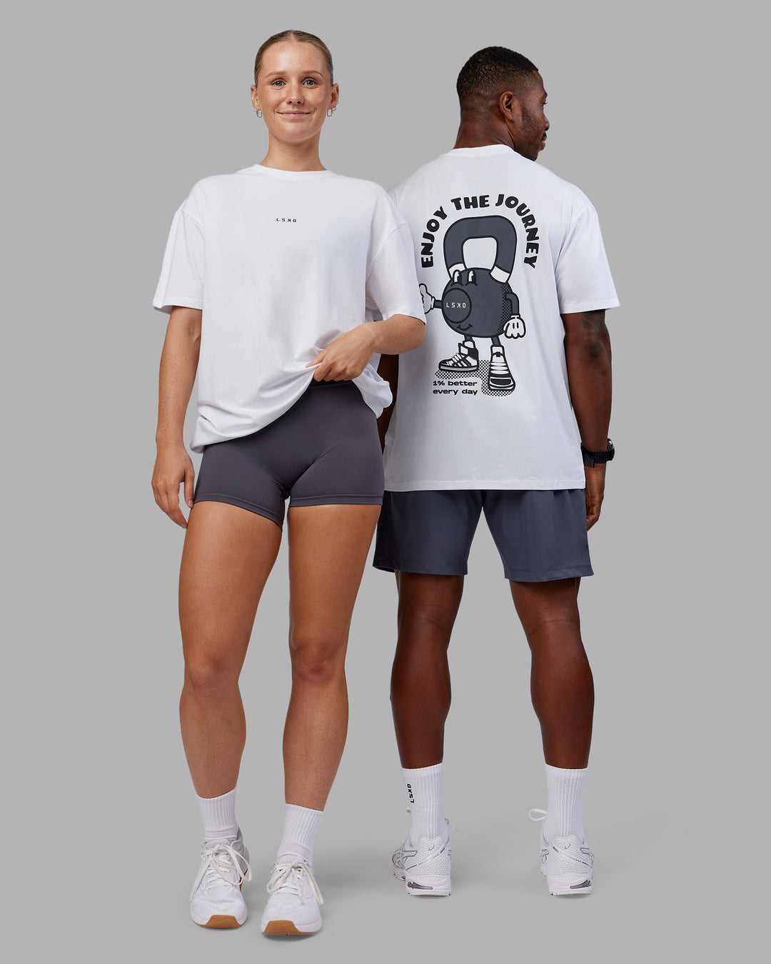 Duo wearing Kettlebell FLXCotton Oversized Tee - White-Black | Model:Both | Size:Duo - view 1