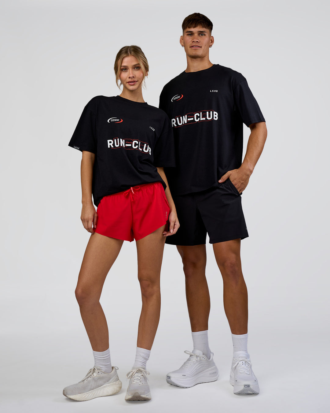 Duo wearing LSKD Run Club FLXCotton Oversized Tee - Black-White | Model:Both | Size:Duo - view 1