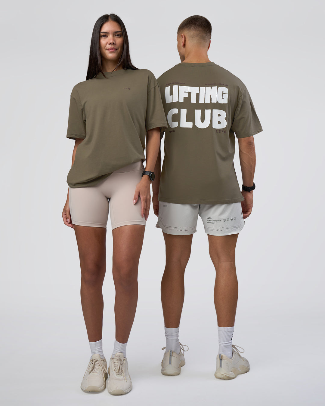 Duo wearing Lifting FLXCotton Oversized Tee - Walnut Grey-Hot Chocolate | Model:Both | Size:Duo - view 1