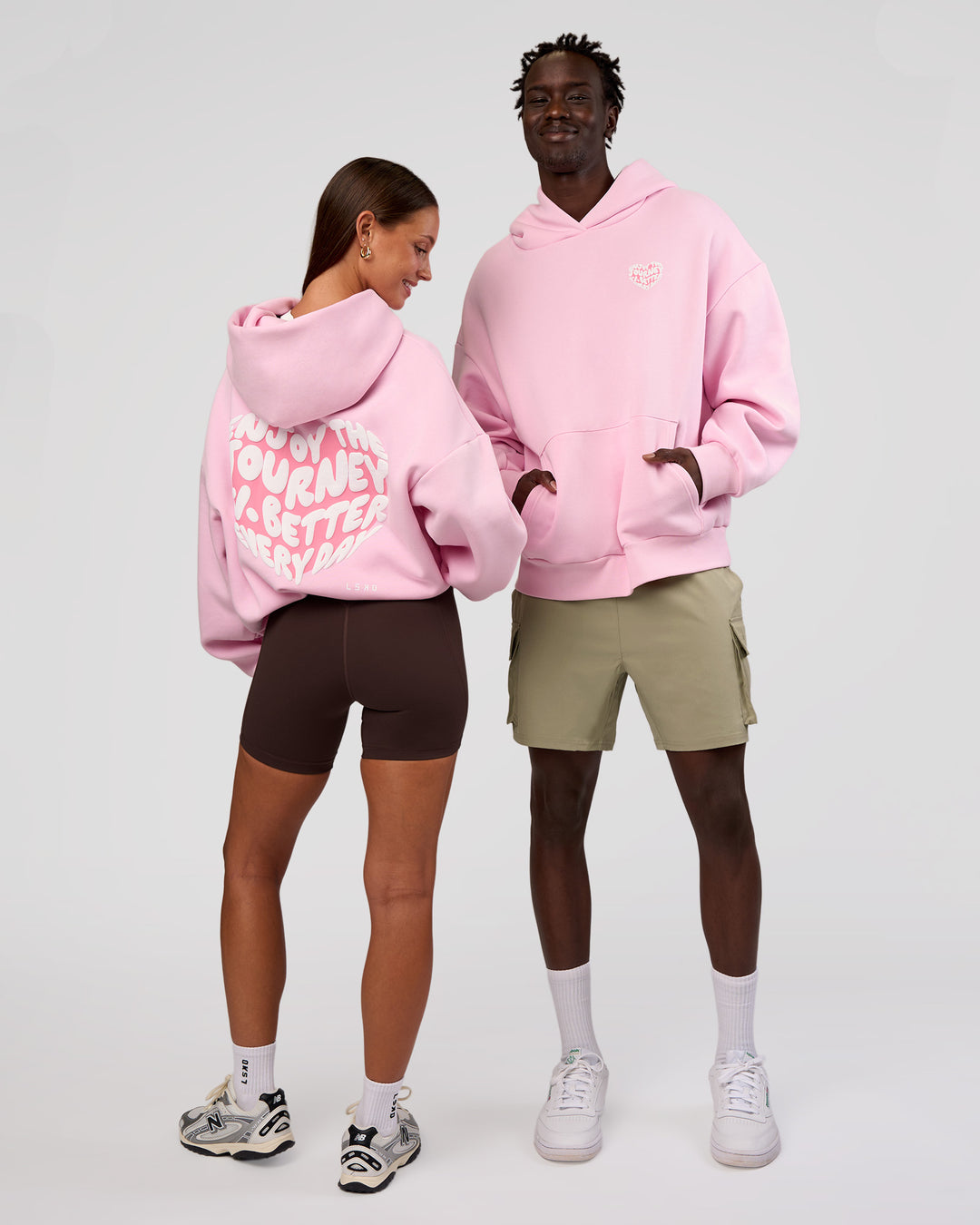 Duo wearing Love The Journey Unisex Oversized Hoodie - Marshmallow-White | Model:Both | Size:Duo - view 6