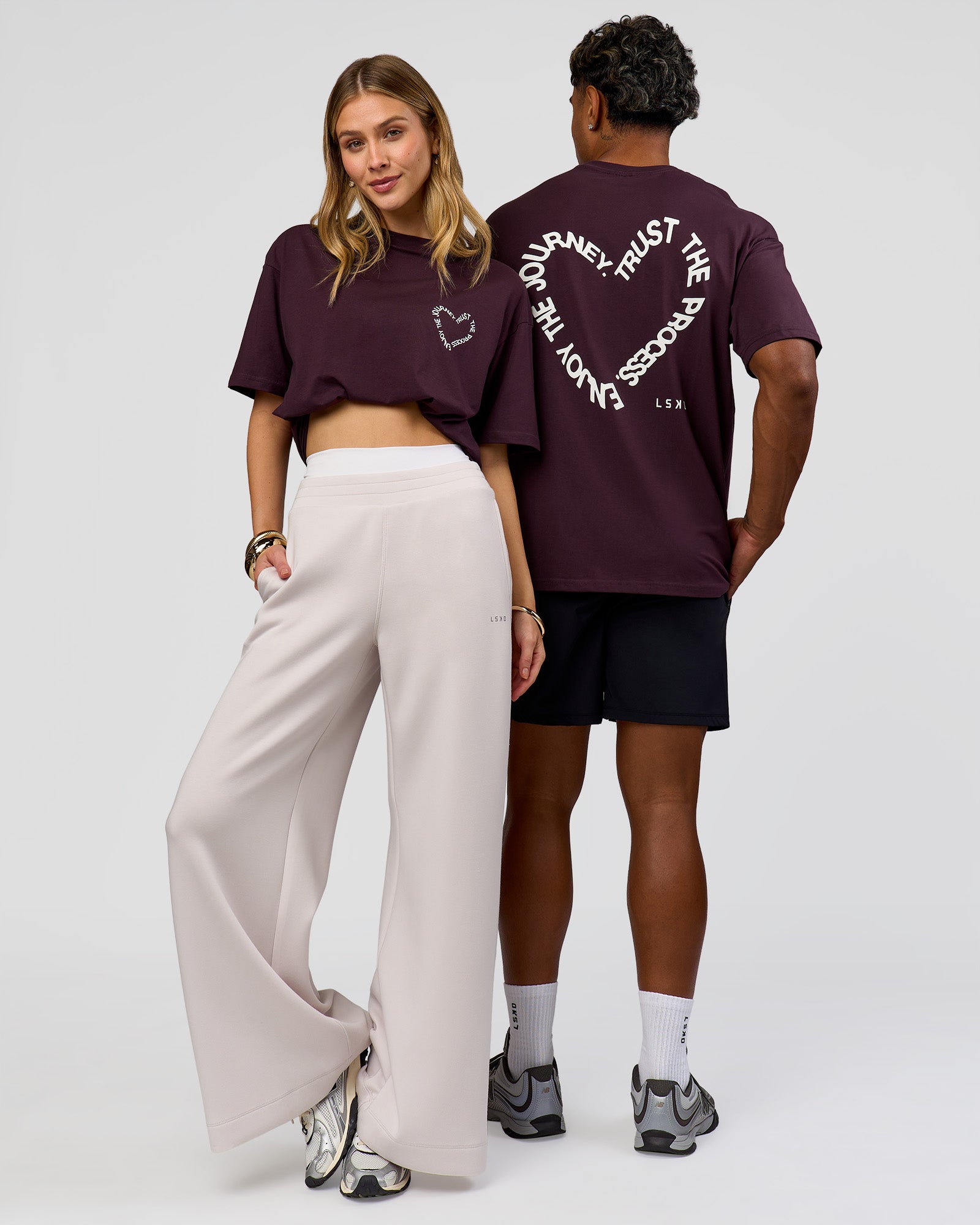 Duo wearing Love The Process FLXCotton Oversize Tee - Midnight Plum-White | Model:Both |Size:Duo