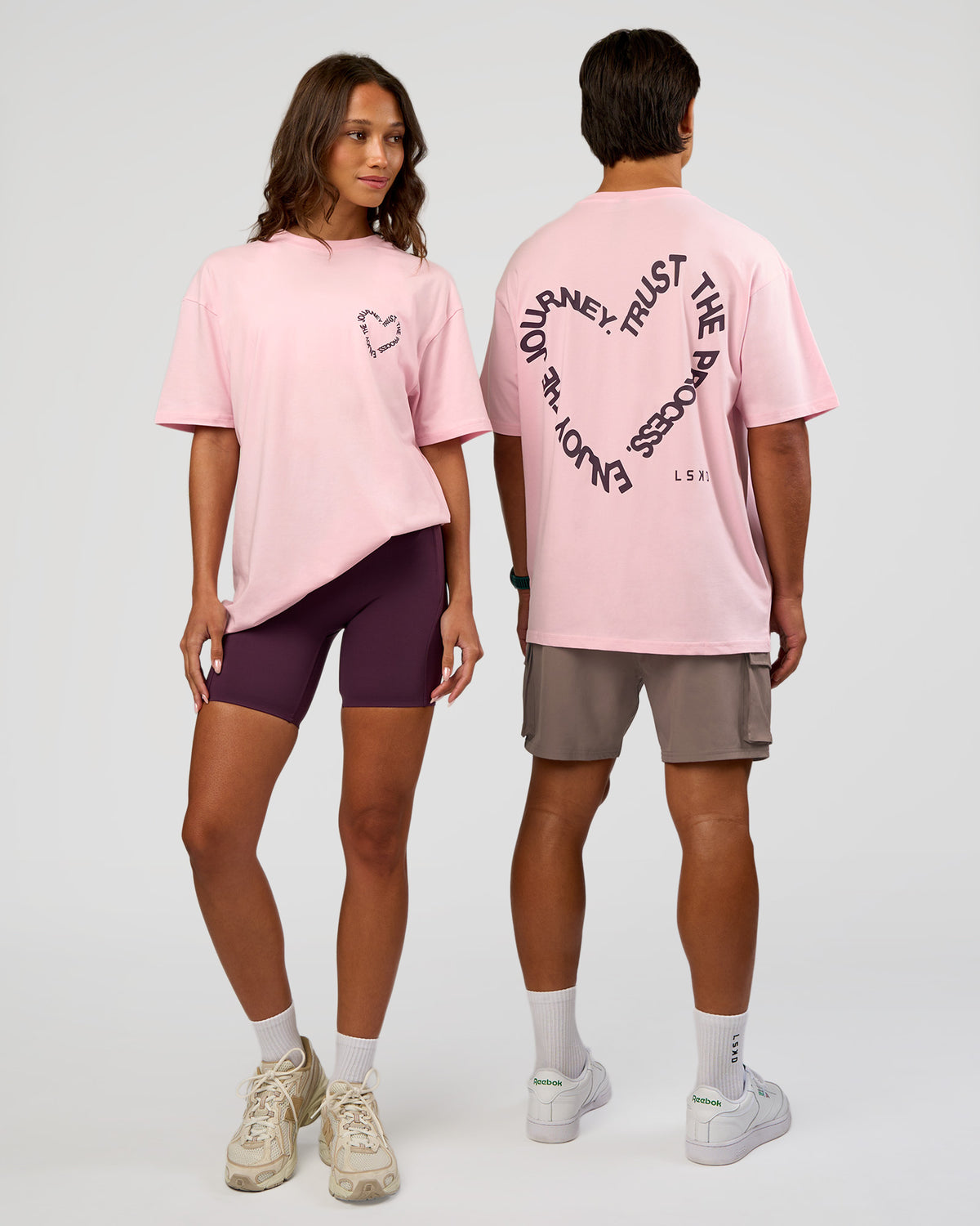 Duo wearing Love The Process FLXCotton Oversize Tee - Marshmallow-Midnight Plum | Model:Both | Size:Duo