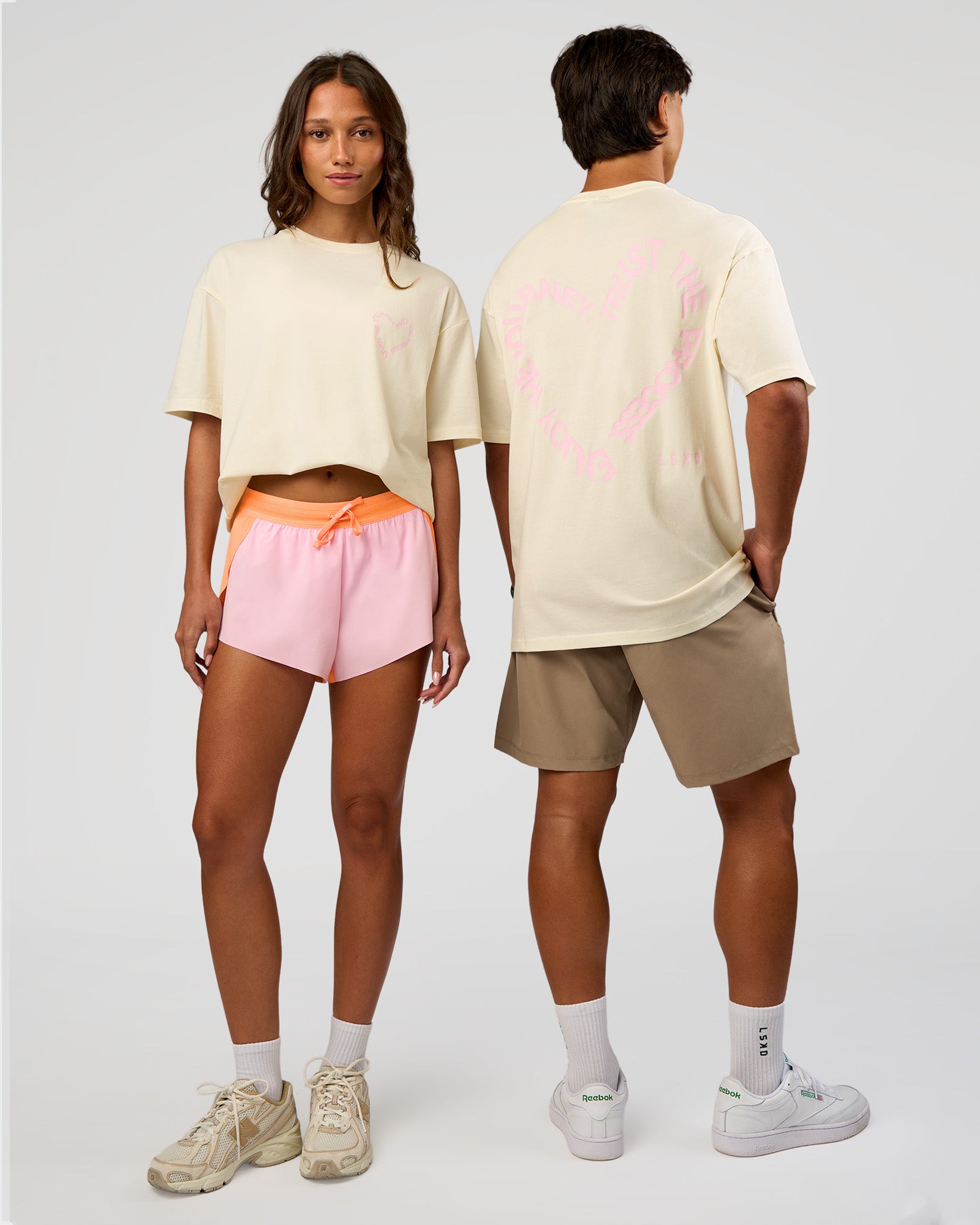 Duo wearing Love The Process FLXCotton Oversize Tee - Off White-Marshmallow | Model:Both | Size:Duo