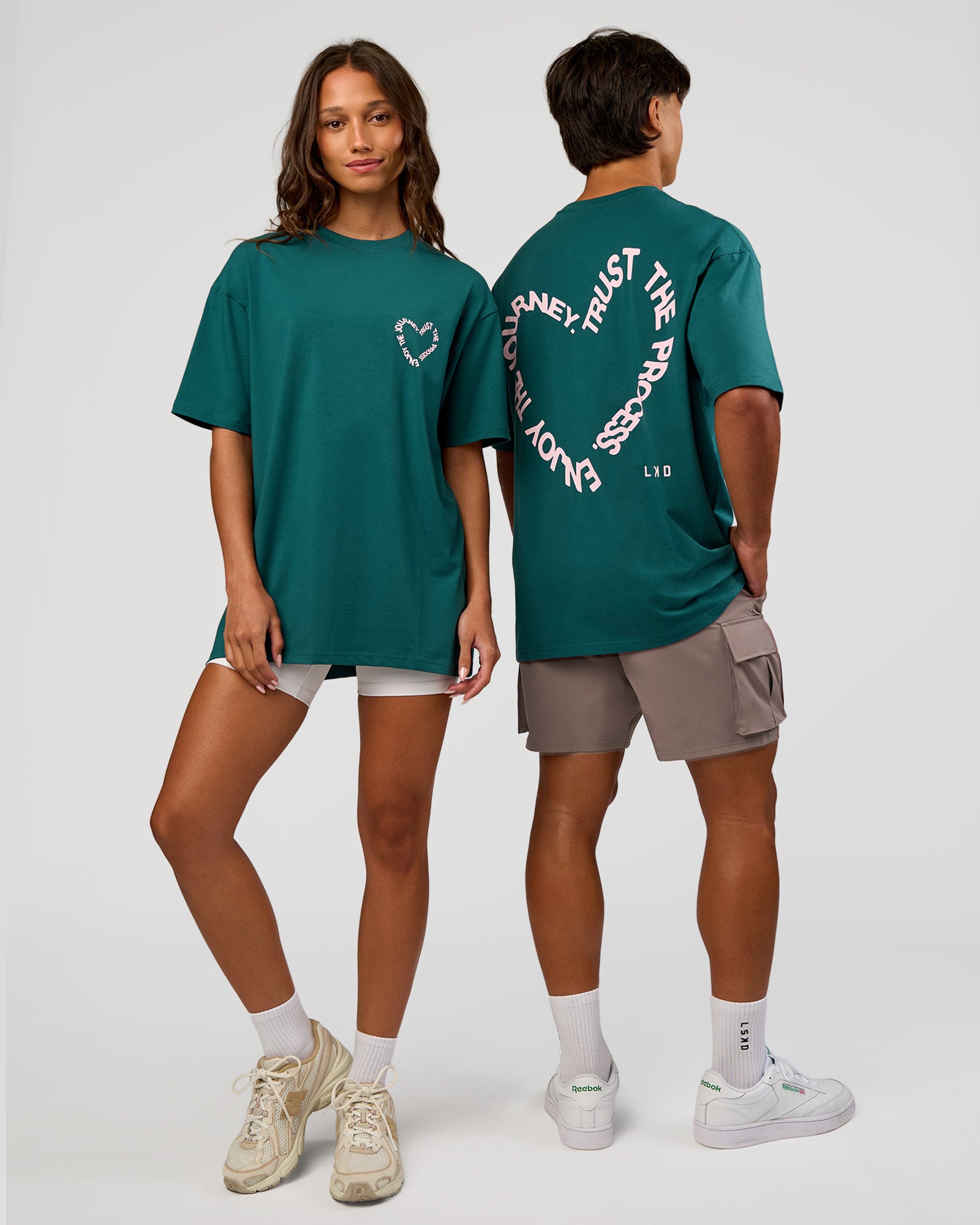 Duo wearingLove The Process FLXCotton Oversize Tee - Transformative Teal-Marshmallow | Model:Both | Size:Duo