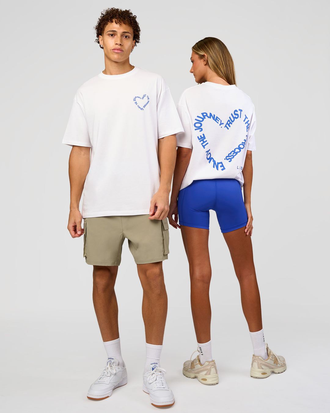 Duo wearing Love The Process FLXCotton Oversize Tee - White-Electric Indigo | Model:Both | Size:Duo - view 1