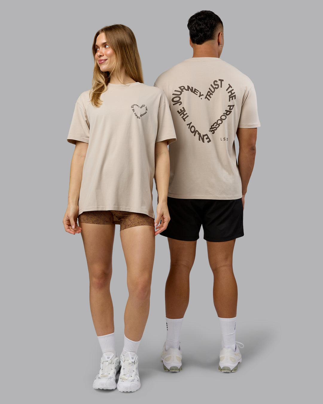 Duo wearing Love The Process FLXCotton Oversize Tee - Shale Beige-Choc | Model:Both | Size:Duo - view 1
