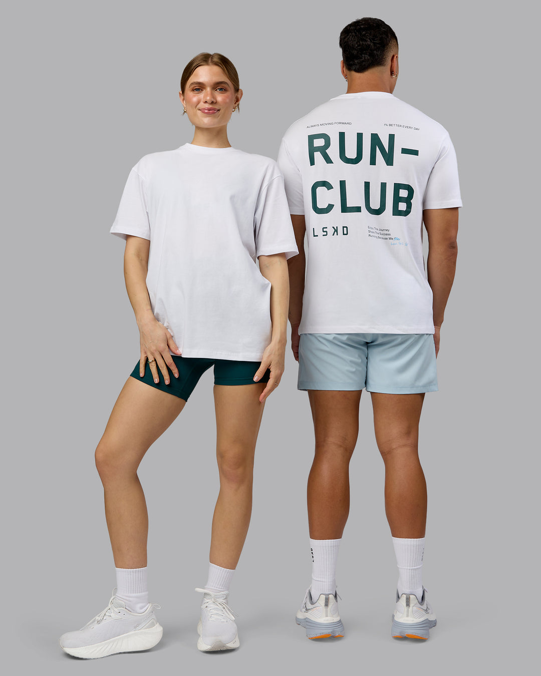 Duo wearing Love The Run FLXCotton Tee Oversize - White-Dark Moss | Model:Both | Size:Duo - view 1