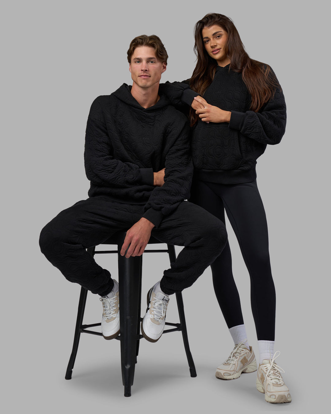 Duo wearing MVP Quilted Oversized Hoodie - Black-Geometric | Model:Both | Size:Duo - view 1