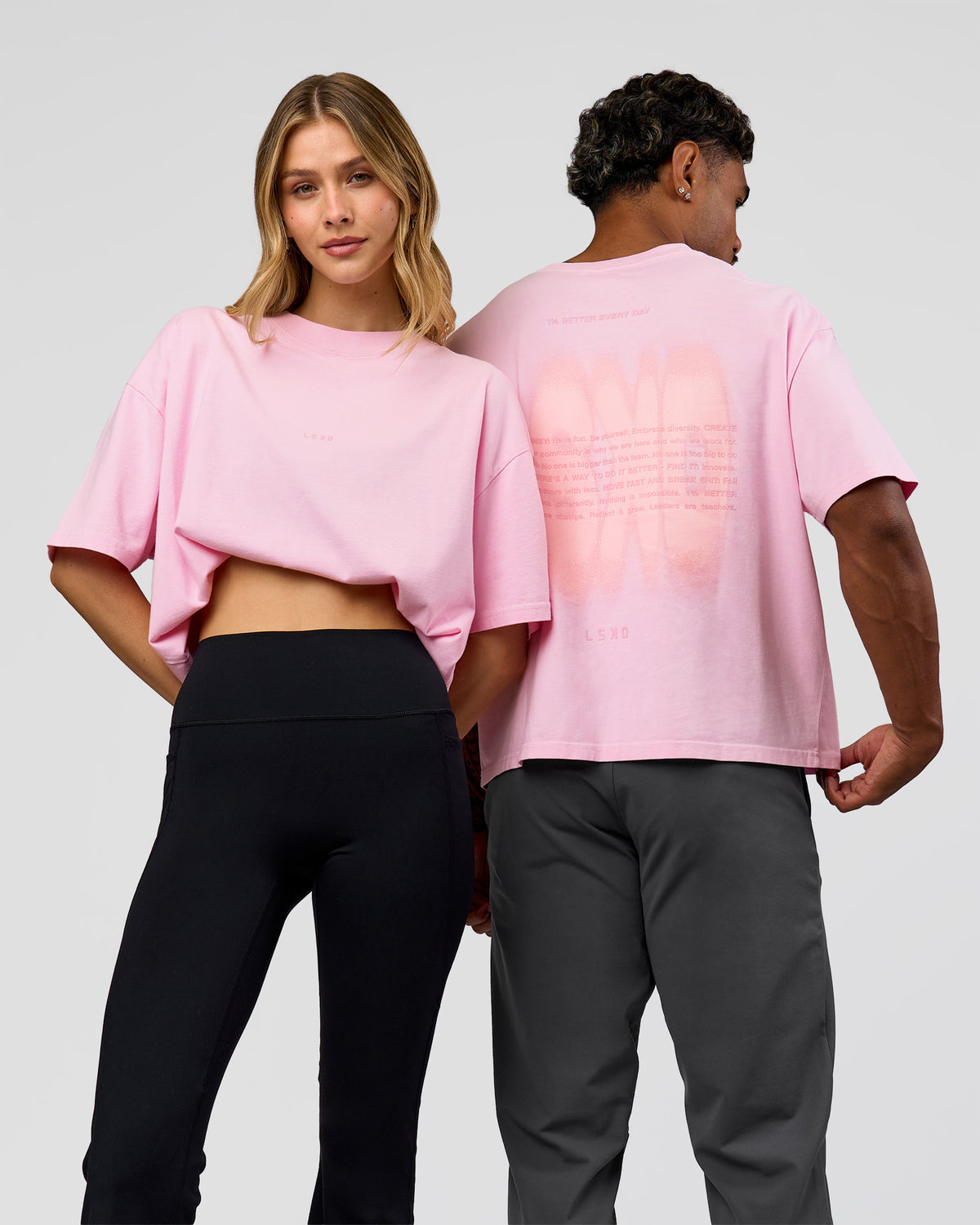 Duo wearing Memory in Motion Heavyweight Boxed Tee - Marshmallow Washed | Model:Both | Size:Duo