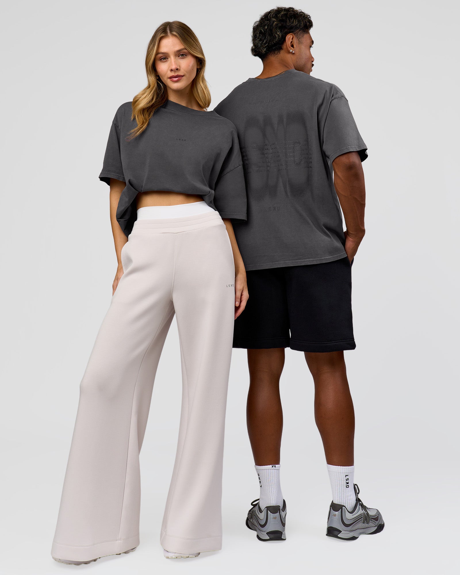 Duo wearing Memory in Motion Heavyweight Oversized Tee - Dark Storm Washed | Model:Both | Size:Duo