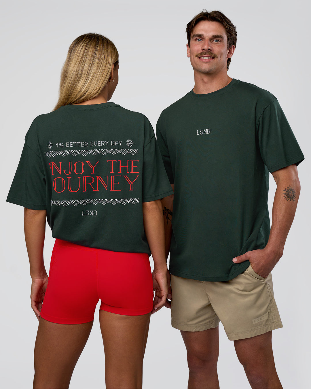 Duo wearing Merry Journey FLXCotton Oversized Tee - Vital Green-White | Model:Both | Size:Duo - view 1