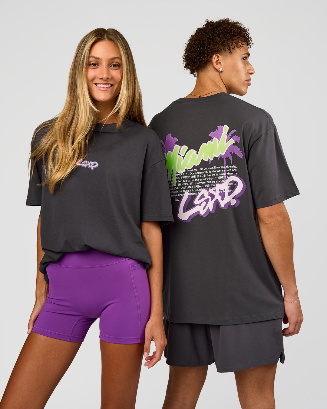 Duo wearing Miami Snatch FLXCotton Oversized Tee - Dark Storm-Marshmallow | Model:Both | Size:Duo - view 8