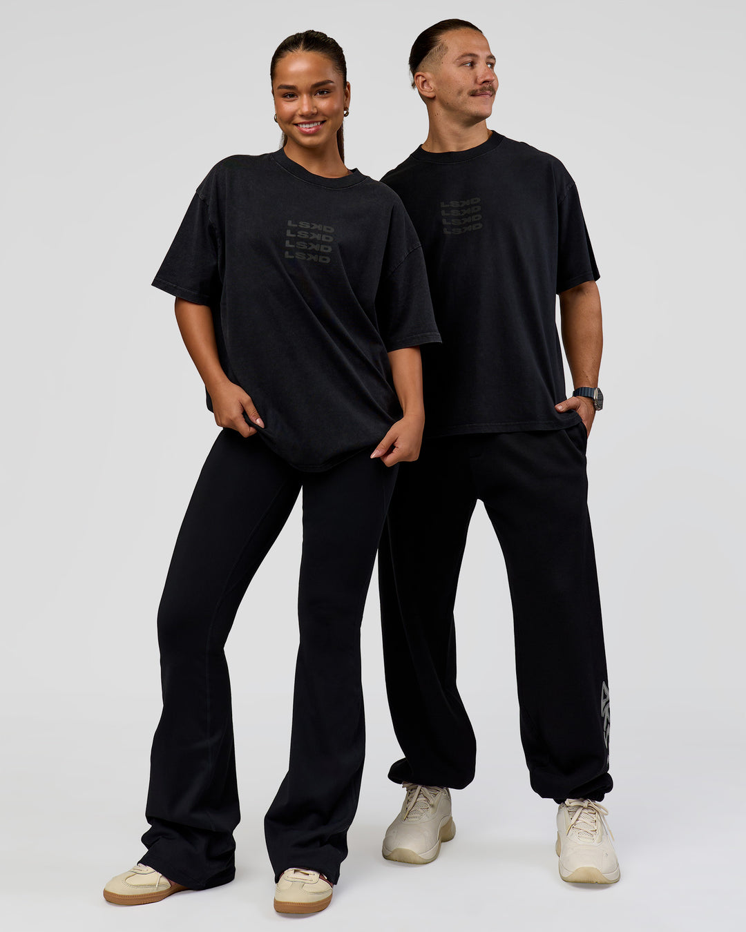 Duo wearing Move Fast Heavyweight Oversized Tee - Black Washed | Model:Both | Size:Duo - view 1