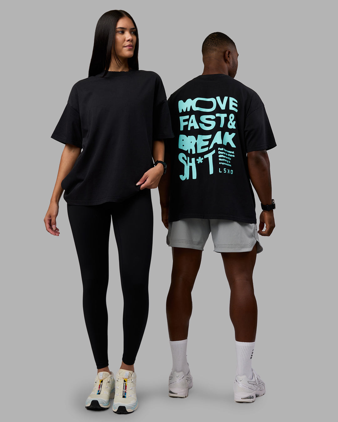 Duo wearing Move Fast Washed Heavyweight Tee Oversize - Black-Island Paradise | Model:Both | Size:Duo - view 1