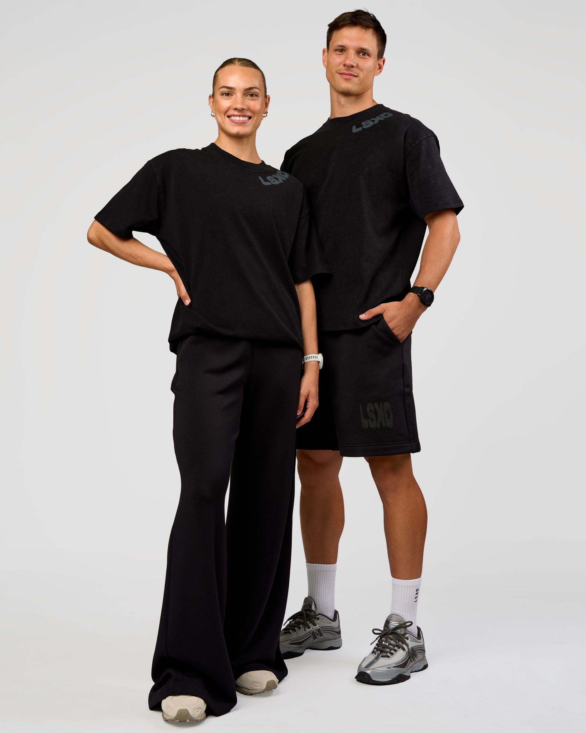 Duo wearing Offset Heavyweight Unisex Oversized Tee - Black Washed-Castlerock | Model:Both | Size:Duo