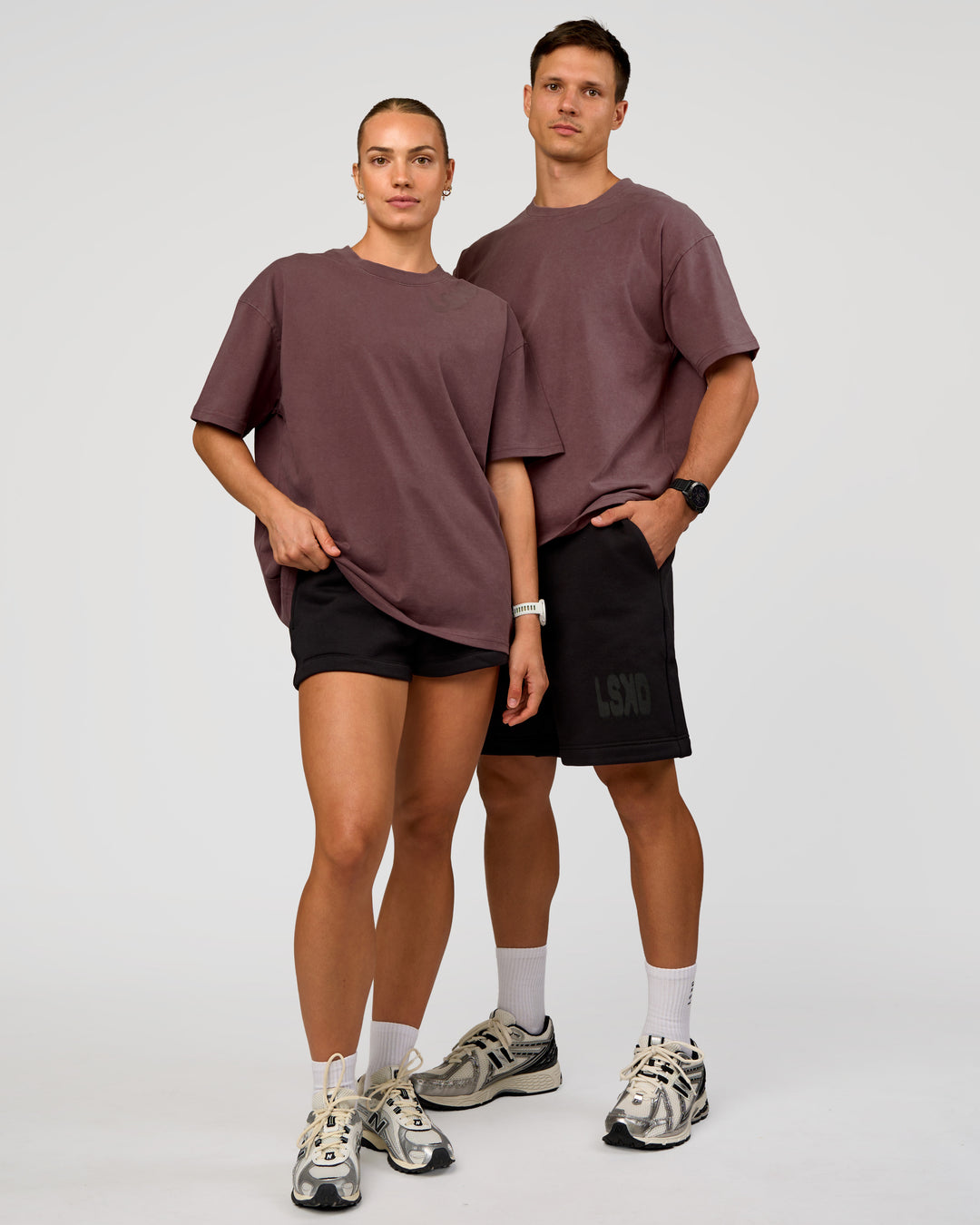 Duo wearing Offset Heavyweight Unisex Oversized Tee - Cocoa Powder-Cocoa Powder | Model:Both | Size:Duo - view 1