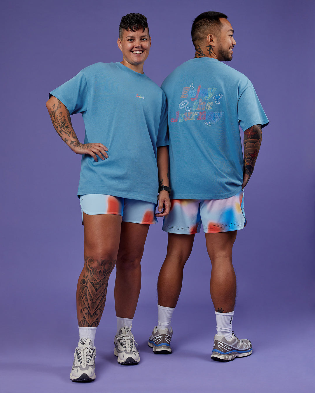 Duo wearing Our Journey Heavyweight Oversized Tee - Azure Blue-Rainbow | Model:Both | Size:Duo - view 1