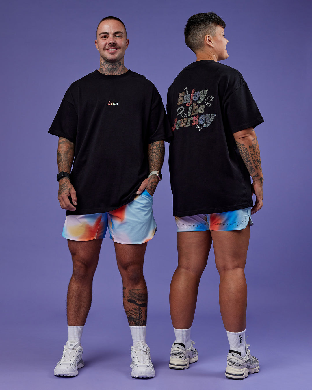 Duo wearing Our Journey Heavyweight Oversized Tee - Black-Rainbow | Model:Both | Size:Duo - view 3